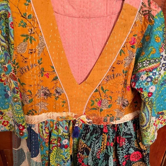 Kantha Bohemian Mixed-Print V-Neck Women’s Dress in Mustard & Teal - Picture 3 of 7